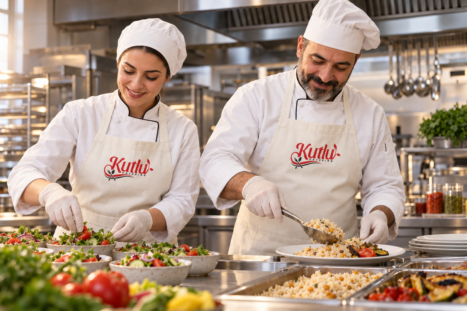 Kutlu Catering logolu önlükleriyle mutfakta yemek hazırlayan şefler